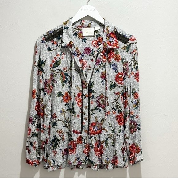 ANTHROPOLOGIE MAEVE Women’s Ivory Black Polka Dot Floral Peasant Blouse Size 4 - Picture 2 of 8